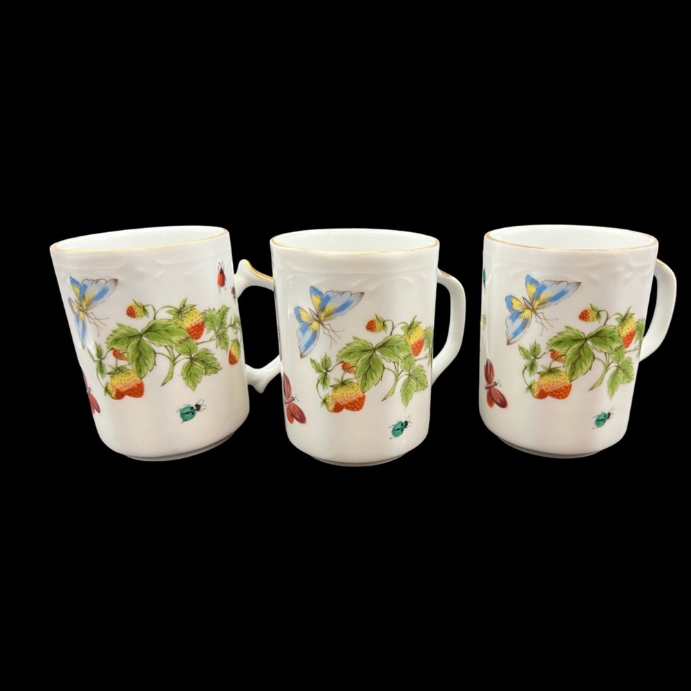 Lenwile Ardalt Coffee Tea cups Mugs Butterfly Strawberry Pattern Set of 3